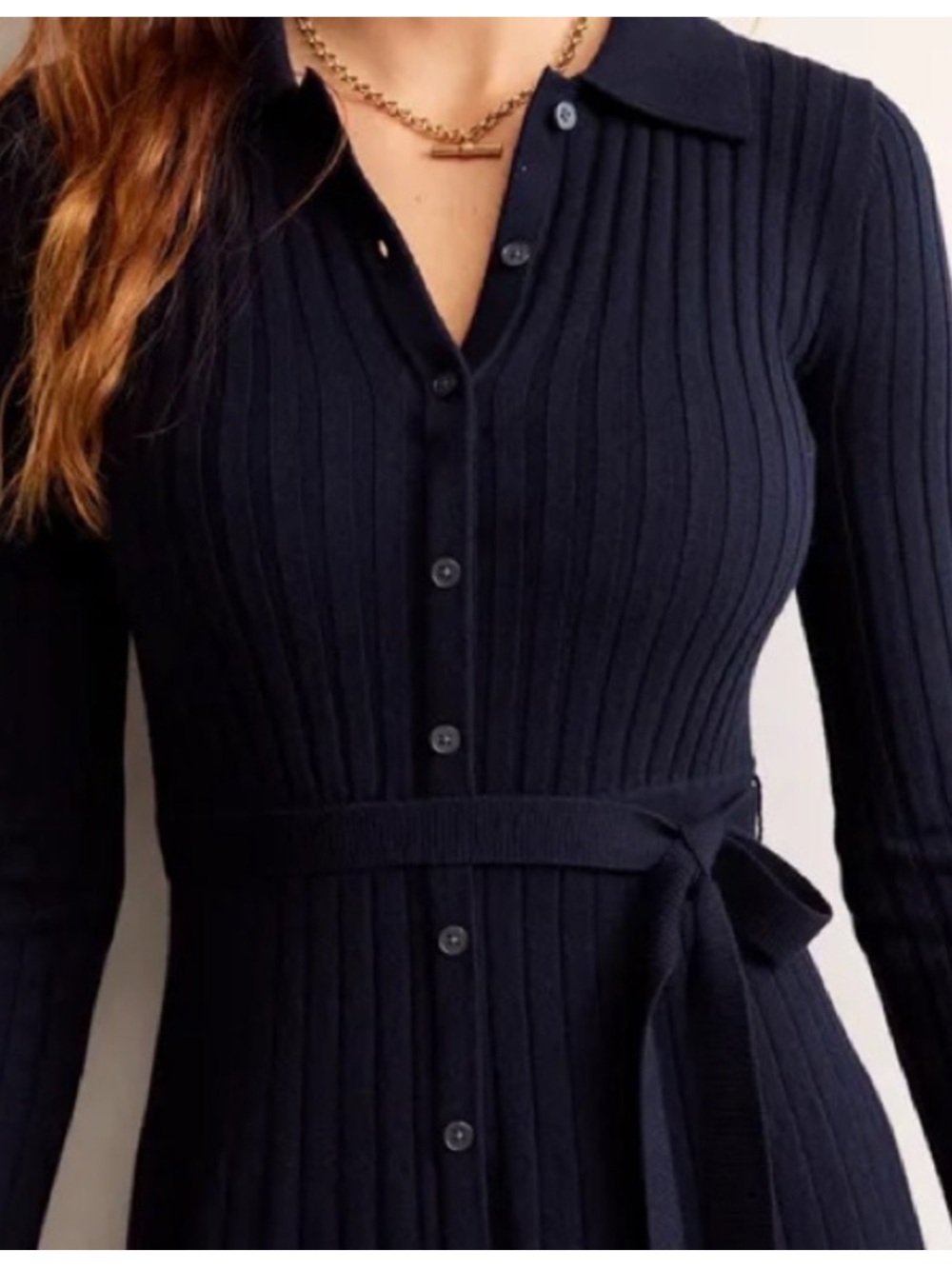 Boden Rachel Ribbed Long Sleeve Navy Button-Front Knit Dress Shirtdress - Picture 3 of 14